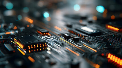 Poster - Detailed close up of a modern computer circuit board with light emitting diodes