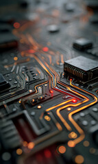 Poster - Circuit board complexity intricate patterns and illuminated pathways representing modern technological advancement