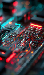 Poster - Intricate microchip board with glowing red and blue lights evokes modern technology