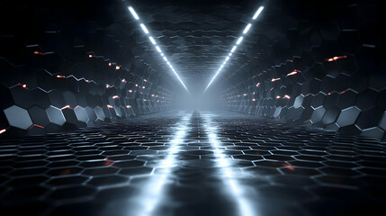 Poster - Abstract Hexagonal Tunnel with Futuristic Glowing Lights and Dark Aesthetic