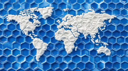 Poster - Abstract digital technology background with a blue world map and hexagon pattern, symbolizing global network connection in the internet communication concept
