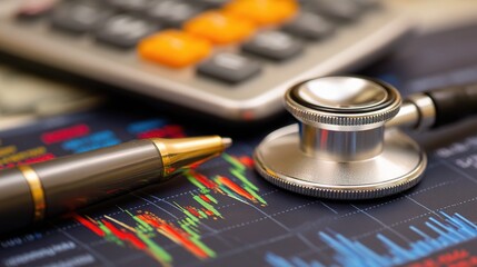 Poster - Stock Market Trends with Stethoscope and Calculator on Graph