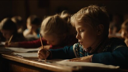 Poster - Brilliant Boy Focused on Test in Elementary School Classroom Generative AI