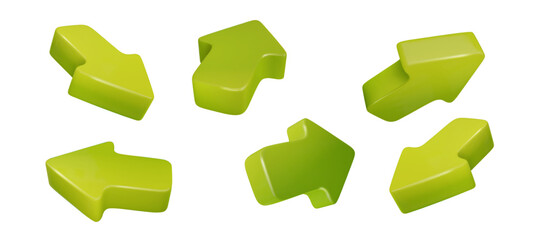 Fototapete - Green 3d arrows pointing in different directions. Vector realistic arrow cursors set isolated PNG