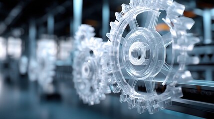 Poster - Transparent Gears on a Conveyor in a Modern Industrial Setting