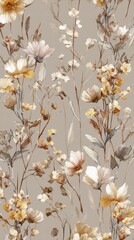 Wall Mural - Beautiful seamless floral water color pattern Set, watercolor wild flowers, leaves and grass,Collection botanic garden elements, isolated illustration in rustic or vintage style,copy space.
