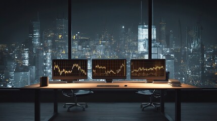 Poster - Modern Office Desk with Glowing Forex Charts and City View at Night