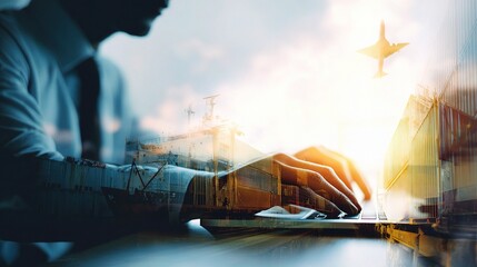 Poster - Businessman Using Computer in Freight Container Port Environment