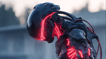 Poster - Futuristic cyborg robot with red neon lights and helmet for sci fi concept art and ai generated images