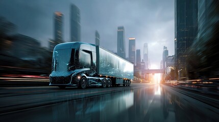 Poster - Futuristic Self-Driving Truck on Smart Highway at Dawn