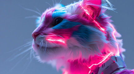 Poster - Futuristic cyber cat with neon lights and colorful fur digital art pet animal feline kitty illustration