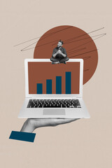 Poster - Pop banner collage of person sit big netbook with graphs on pastel background