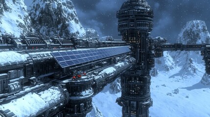 Poster - Futuristic snowy mountaintop city, detailed digital rendering, dark metallic structures, solar panels, night scene.