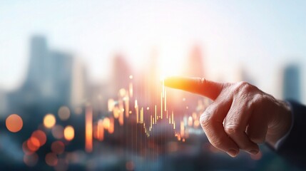 Poster - Male Hand Pointing at Glowing Business Graph with City Background