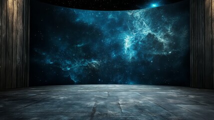 Wall Mural - front view of an empty room with dark wood walls. on the wall is a huge curved screen showing outer 