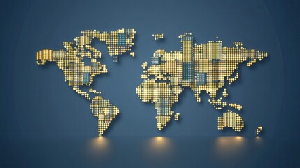 Poster - golden textured world map on dark background with subtle lighting. global connection concept.