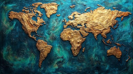 Poster - golden textured world map on a dark teal background. global travel, exploration, geography concept.