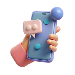 3D render, hand holding smartphone, pastel speech bubbles, minimalist design, soft colors, social media concept, messaging app, notification icon, clean background, digital illustration, modern commun