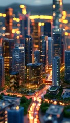 Poster - 夜の都市風景 高層ビルの灯りが輝く近代的な街並み 夜空と建物のシルエット 美しい夜景