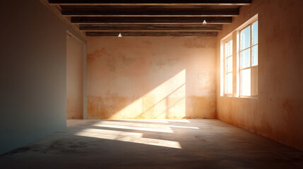 Poster - Empty room interior design with sunlight shining through windows and wooden ceiling beams architecture