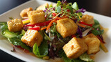 Fried tofu salad with citrus soy dressing and bright plate