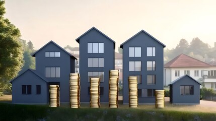 Poster - 黒色の近代的な住宅モデルと金色のコイン積み重ねの風景 自然光の背景に都市部の金融と経済の概念