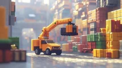 Poster - Yellow toy crane truck moves cargo containers in a voxel art city setting. Bright sunlight, reflective surfaces.