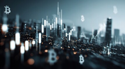 Poster - Futuristic Financial Concept with Digital Currency Icons and Data Charts