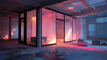 Poster - Abstract interior design modern architecture office space with pink and blue lighting effects art concept