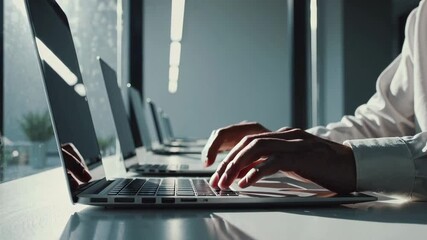 Aufkleber - Sunlight illuminates an office worker's hands as they skillfully type on a laptop keyboard, surrounded by a row of laptops in a contemporary office setting
