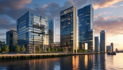 Aufkleber - Modern Glass Skyscrapers Reflected on Calm Water Under Sunset Sky Displaying Architectural And Atmospheric Beauty