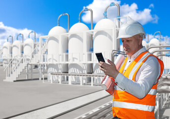 Poster - man works in factory. supervisor of industrial enterprise. man with phone near solar factory. plant 