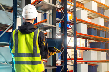 Poster - Man warehouse manager. Storekeeper back to camera. Worker near autonomous warehouse equipment. Automation of distribution center. Worker controls warehouse automation via laptop. Storage technology
