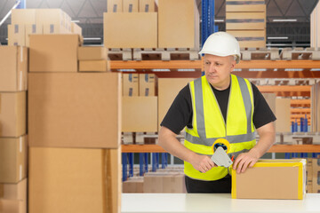 Poster - Man packer works in warehouse. Worker seals package with tape. Warehouse packer at work. Man storekeeper inside industrial hangar. Portrait packer near warehouse racks. Storekeeper in yellow vest