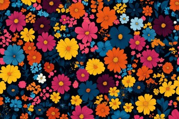 Poster - Vibrant seamless pattern featuring colorful flowers on a dark background, creating a cheerful and lively design