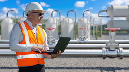 Poster - man near chemical power plant. factory for production of fuel. energy industry. plant technologist w