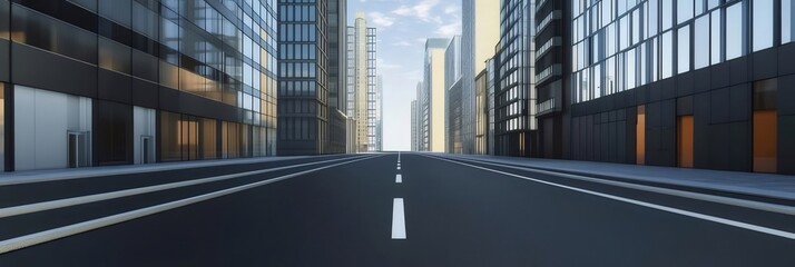 Poster - 都市の通りを走る遠近法でアスファルトの道と高層ビルの風景 青い空と昼間の光のモダンな建築スタイル
