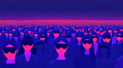 Poster - a vast crowd of figures wearing glasses, rendered in a pixel art style with a vibrant pink and blue 