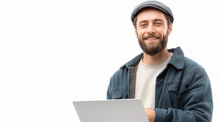 Poster - Young Man Smiling While Using Laptop and Looking at Camera