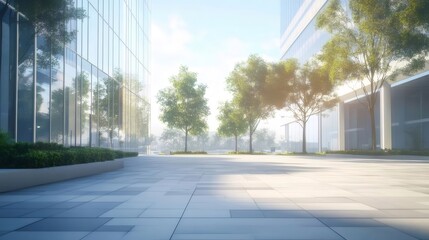 Poster - Modern Urban Scene with Glass Facades Lush Trees and Paved Pathway Under a Bright Sky