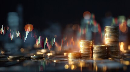 Poster - Futuristic Financial Investment Concept with Coins and Graphs