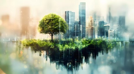 Poster - 緑豊かな木が水面に映る未来都市の風景 鮮やかな色彩と洗練されたデザイン