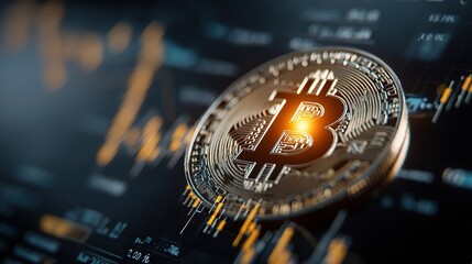 Poster - Glowing Bitcoin Coin Surrounded by Stock Market Data and Charts
