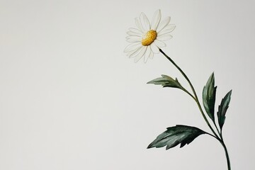 Wall Mural - watercolor painting of a single daisy with delicate leaves.