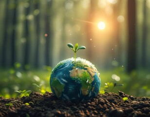 Poster - 森林背景に地球上に芽が出る環境保護のイメージ 光と緑色の植物が成長する様子を表現