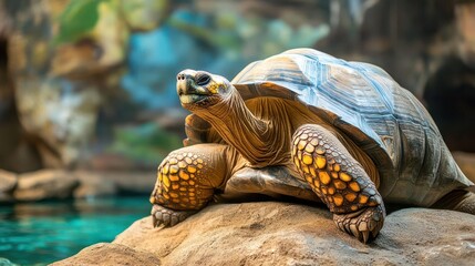 Poster - A tortoise, in sharp focus, perches on a textured rock with an out-of-focus background revealing a blue pool and rock formations, offering a glimpse into its habitat. Its shell is a blend of browns