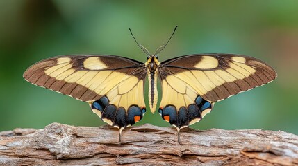 Poster - A stunning butterfly rests on a textured branch, its wings an intricate pattern of yellow, brown, and black, adorned with vibrant blue and orange spots, all set against a soft, blurred green