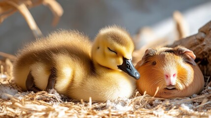 Poster - A close-up captures the sweet scene of a fluffy yellow gosling nestled closely with a brown guinea pig on a bed of straw, lit by natural light. Both animals appear at rest, conveying a sense of