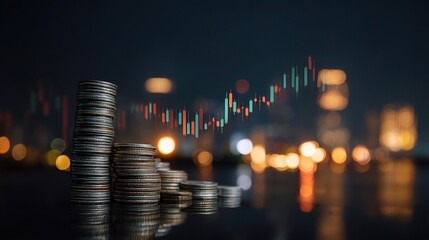 Poster - Financial Investment Concept With Stacked Coins and City Background