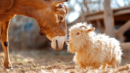 Aufkleber - Close up of an adult antelope and a fluffy light brown baby goat. The background is an open field and there are some wooden structures in the back